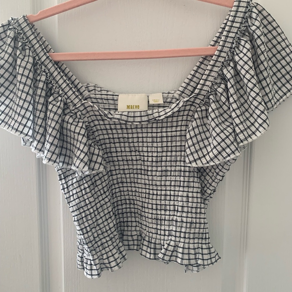Anthropologie Maeve Black and White Grid Smocked Off-Shoulder Top